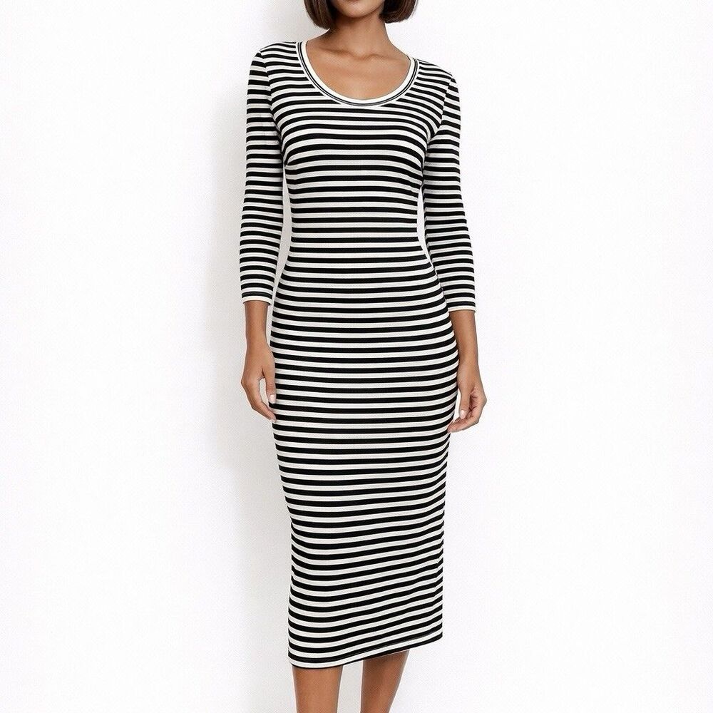 Nicole Miller Artelier Dress S Midi Black White Striped 3/4 Sleeve Sleek Bodycon